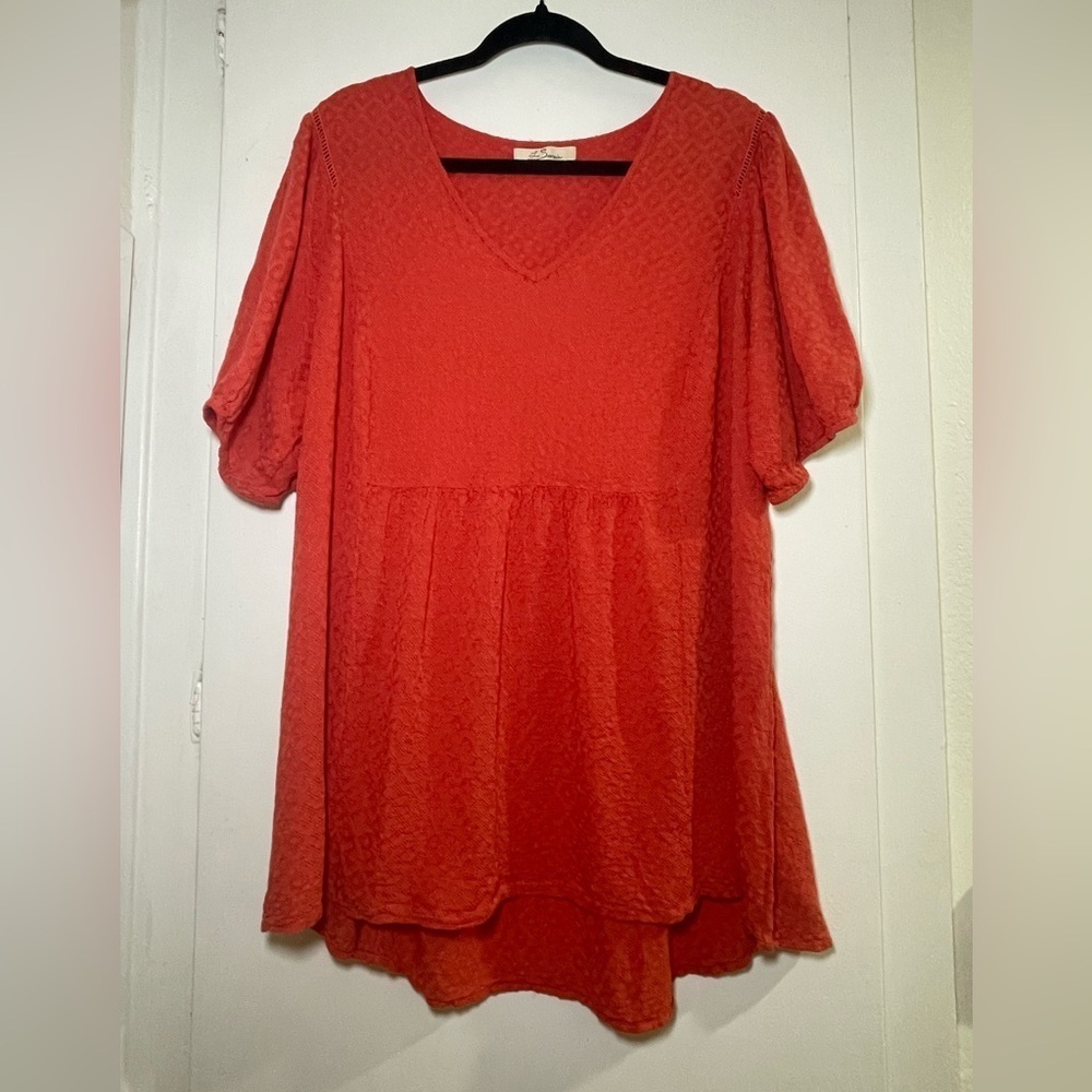 Women's Orange-Red Textured V-Neck Short Sleeve Top 3XL